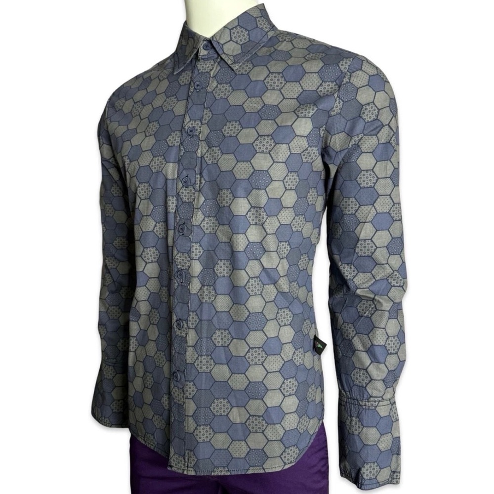 Tripp NYC Blue and Gray Hexagon Casual Long Sleeve Joker Club Shirt. XS UNI NWT